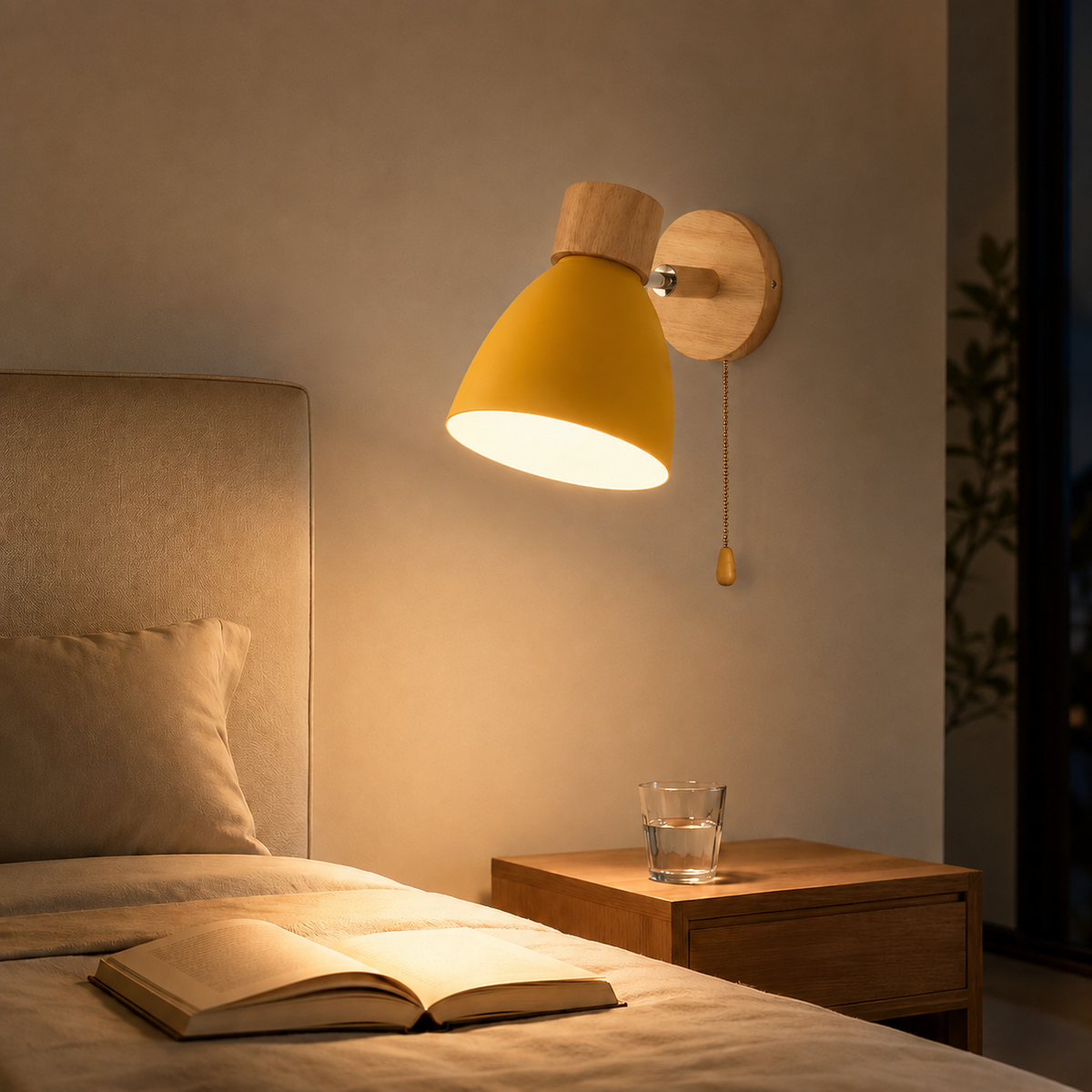 Wood Arm Pull-Chain Bedside Sconce
