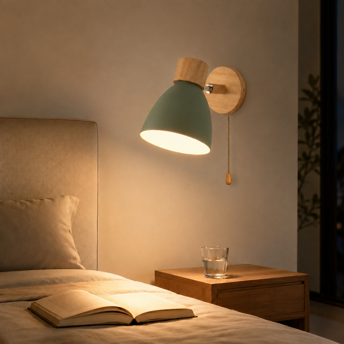 Wood Arm Pull-Chain Bedside Sconce