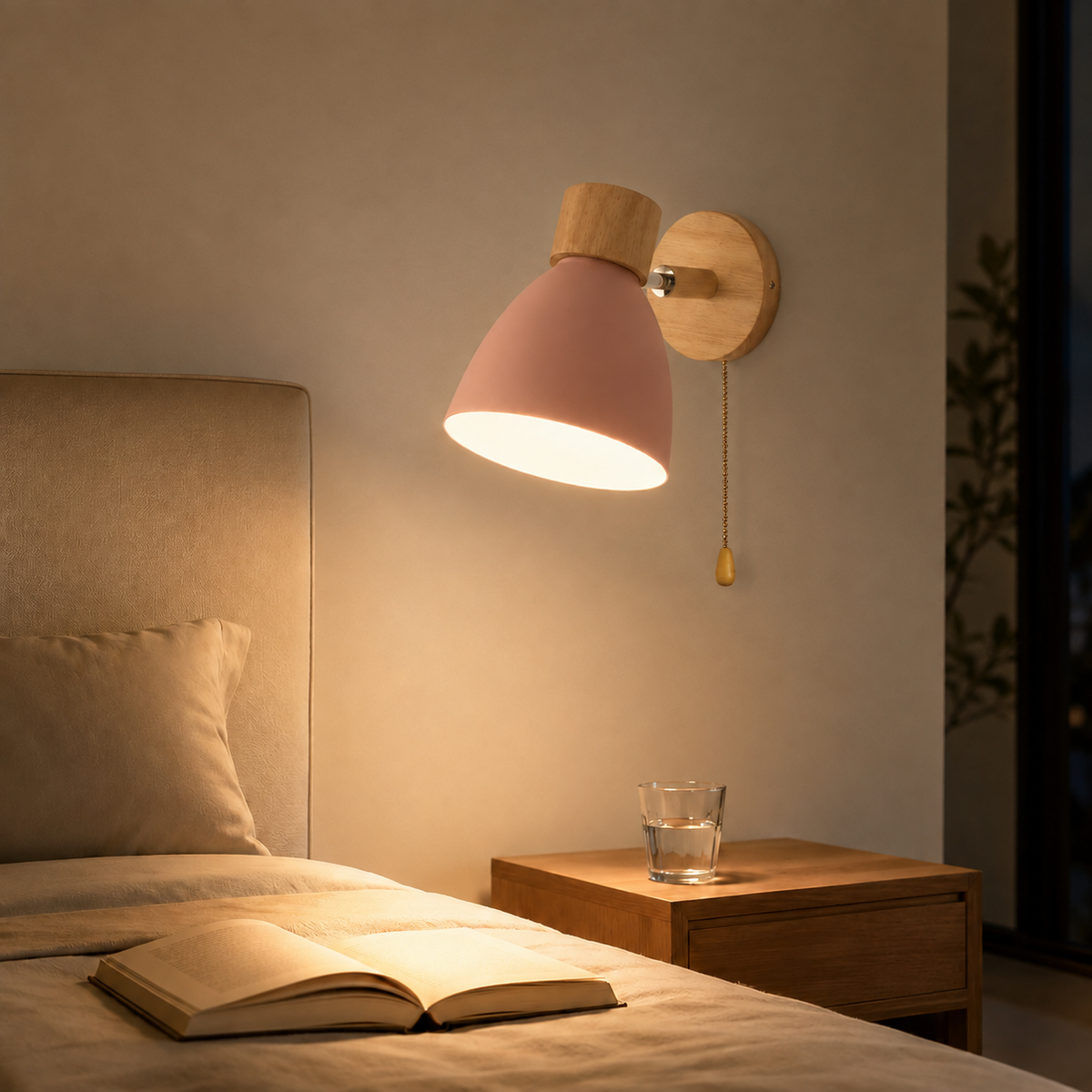 Wood Arm Pull-Chain Bedside Sconce