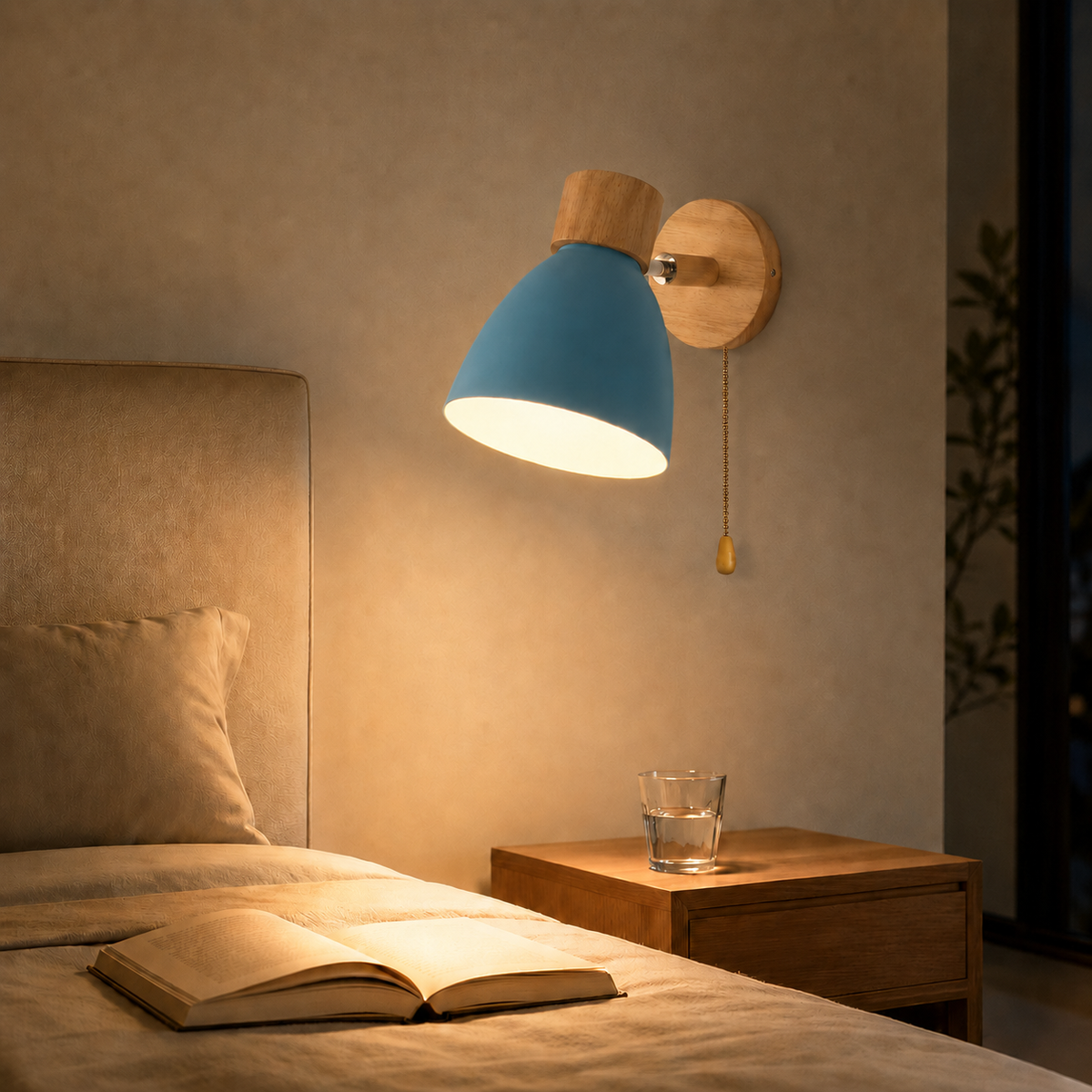 Wood Arm Pull-Chain Bedside Sconce
