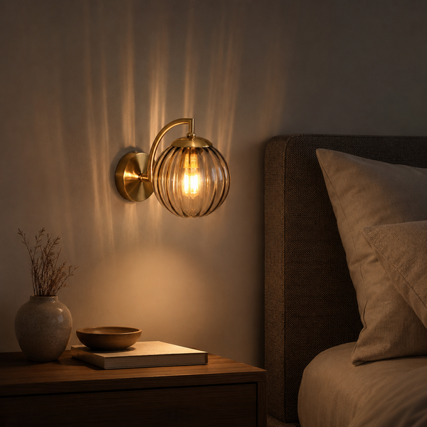 Ribbed Glass Globe Brass Wall Sconce