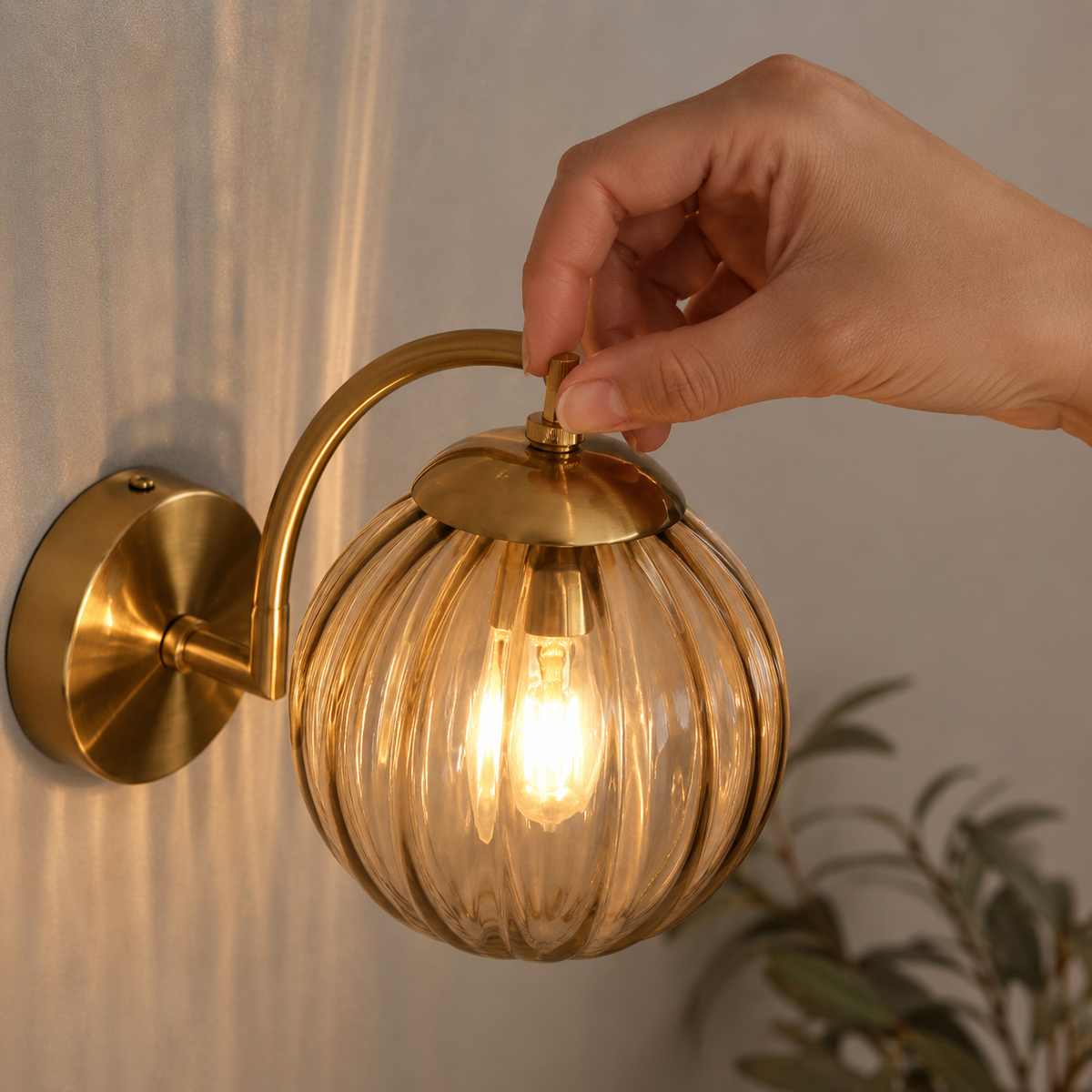 Ribbed Glass Globe Brass Wall Sconce