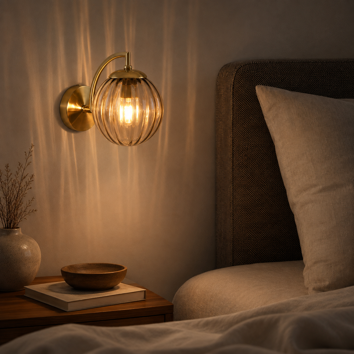 Ribbed Glass Globe Brass Wall Sconce