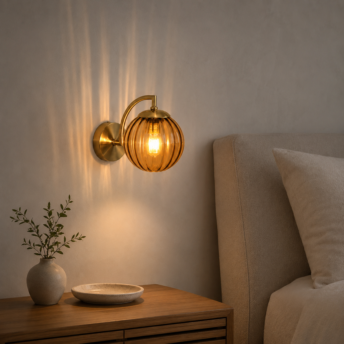 Ribbed Glass Globe Brass Wall Sconce
