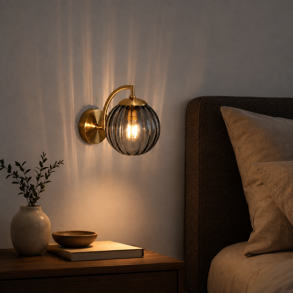 Ribbed Glass Globe Brass Wall Sconce