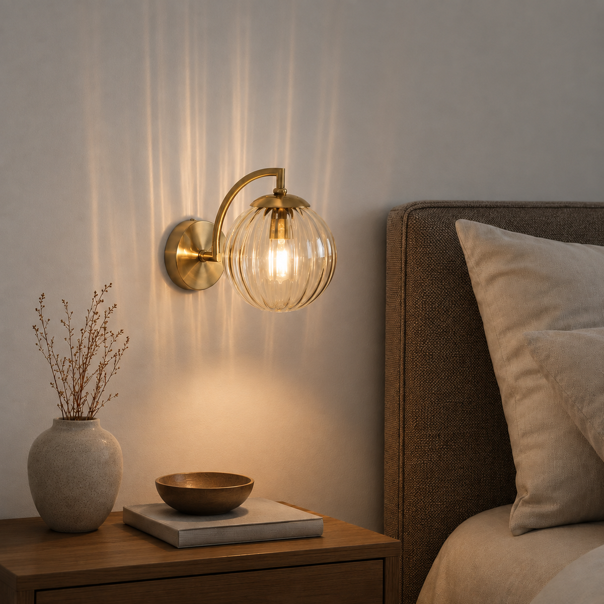 Ribbed Glass Globe Brass Wall Sconce