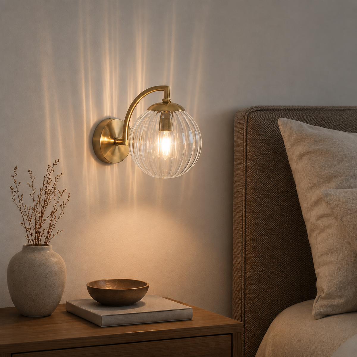 Ribbed Glass Globe Brass Wall Sconce