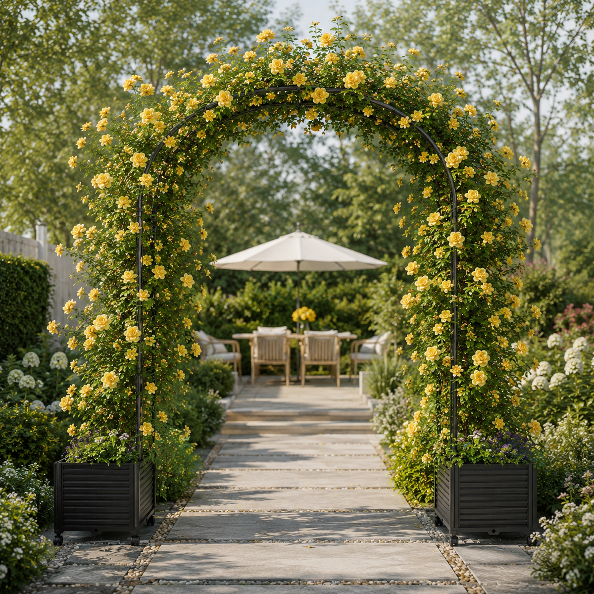 Steel Garden Arch with Rolling Planter Boxes