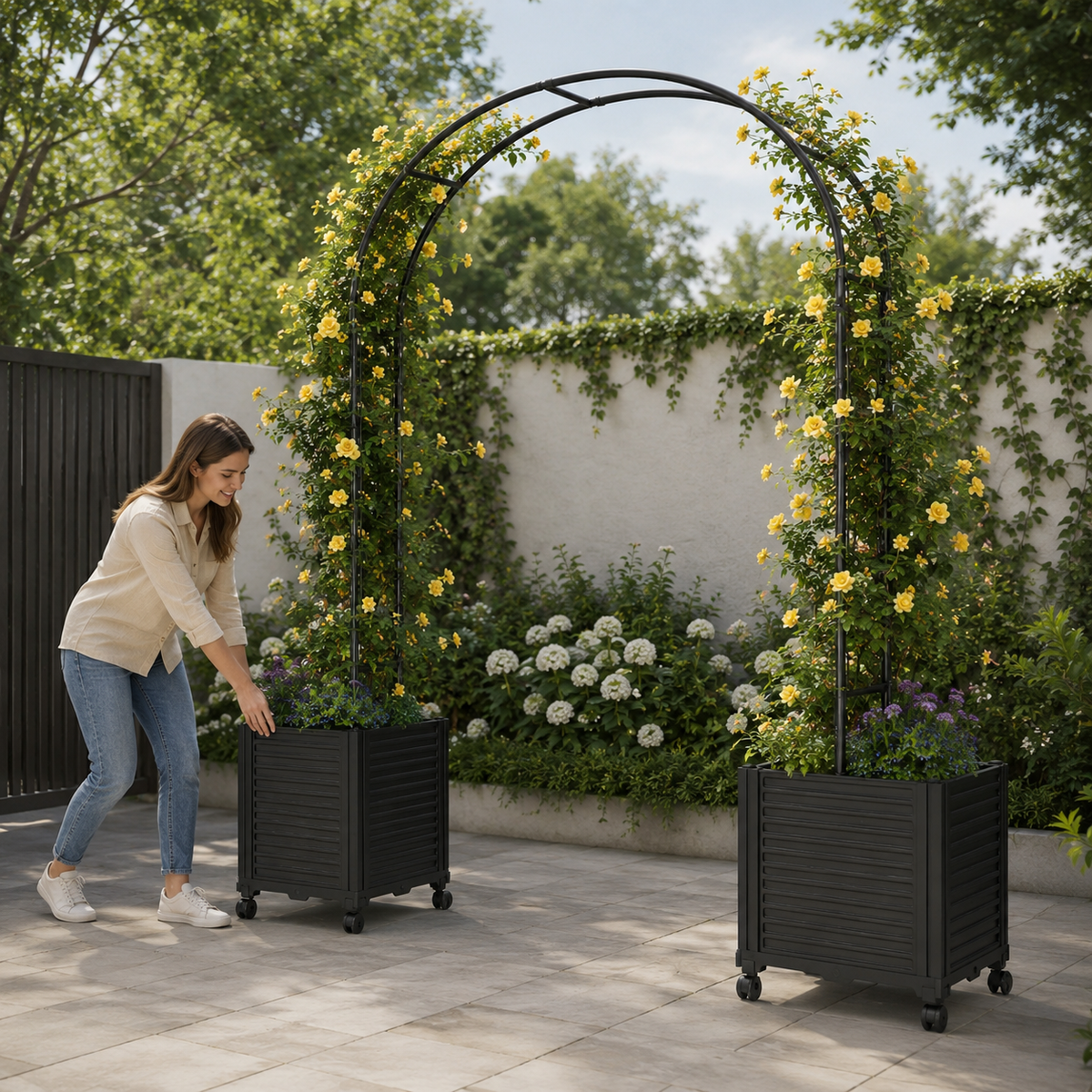 Steel Garden Arch with Rolling Planter Boxes