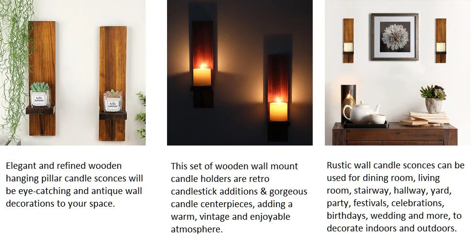 Rustic Wood Pillar Candle Wall Sconces, Set of 2