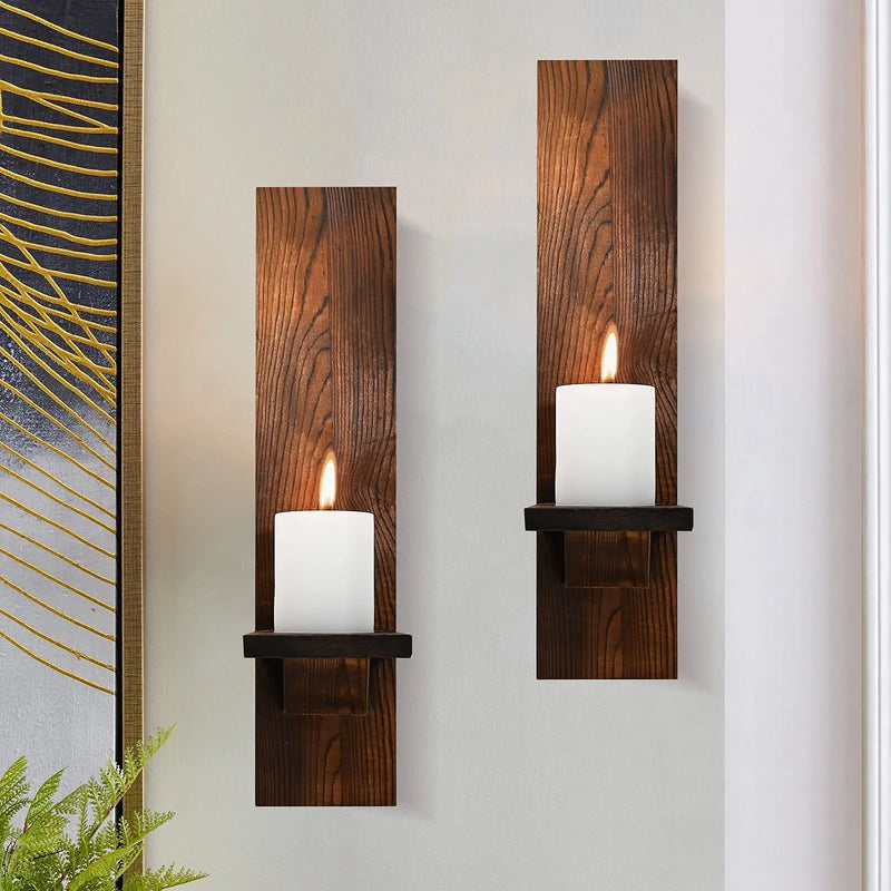 Rustic Wood Pillar Candle Wall Sconces, Set of 2