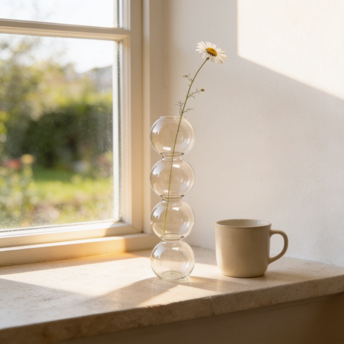 Clear large four-bubble glass vase.