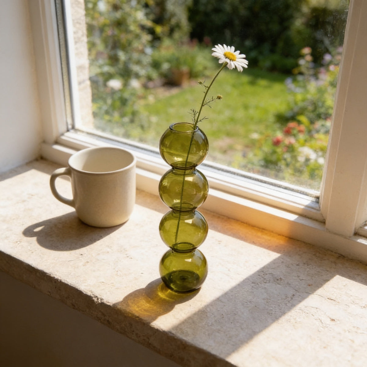 Olive green large four-bubble glass vase.