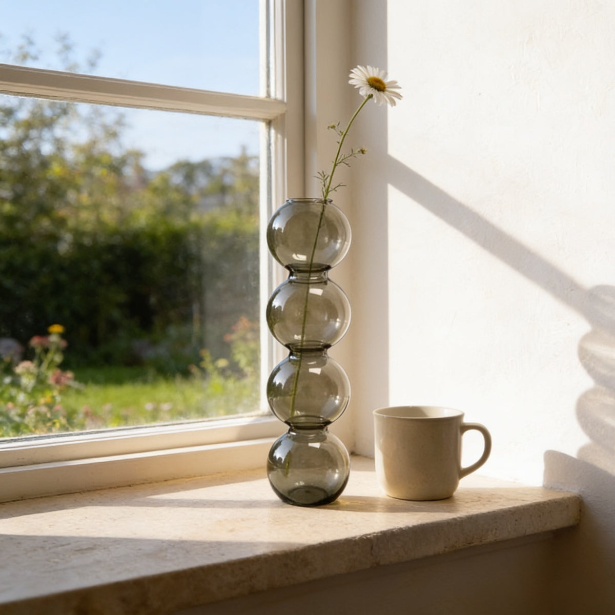Smoke gray large four-bubble glass vase.