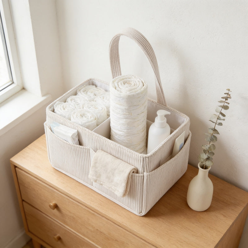 Cream corduroy diaper caddy on a light oak nursery dresser, filled with nappies, wipes and a pump bottle.
