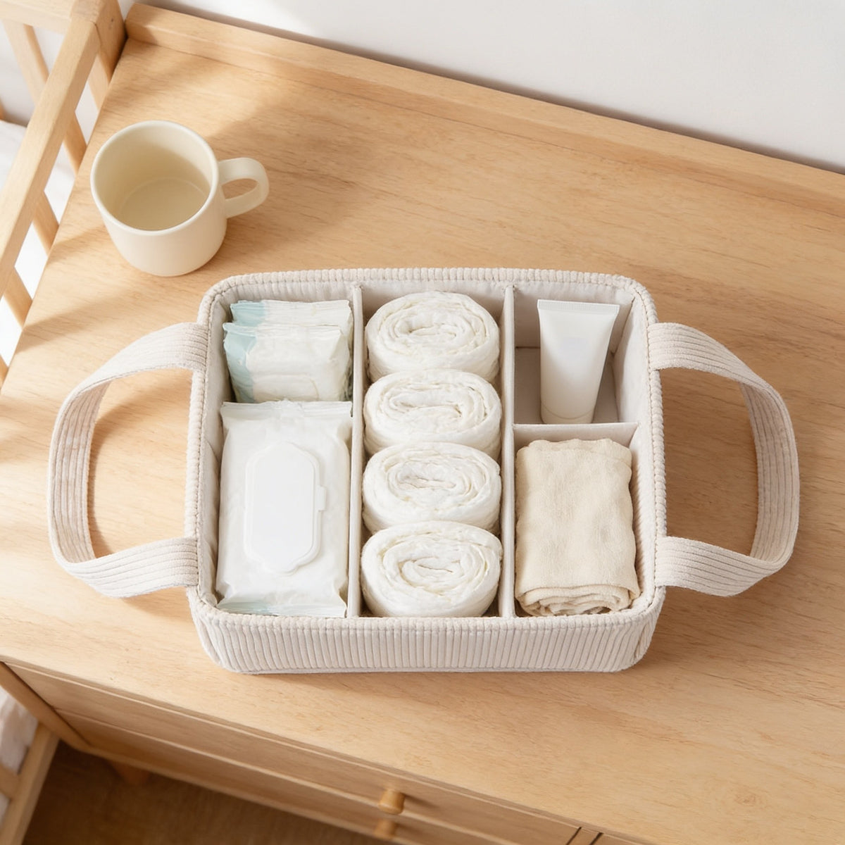 Overhead view of the corduroy caddy's divided interior beside a mug, showing its 37 by 23 cm footprint.