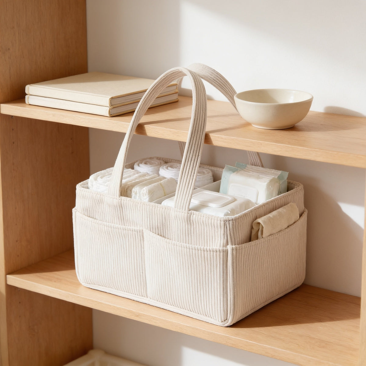Cream corduroy diaper caddy on a light oak nursery bookshelf.