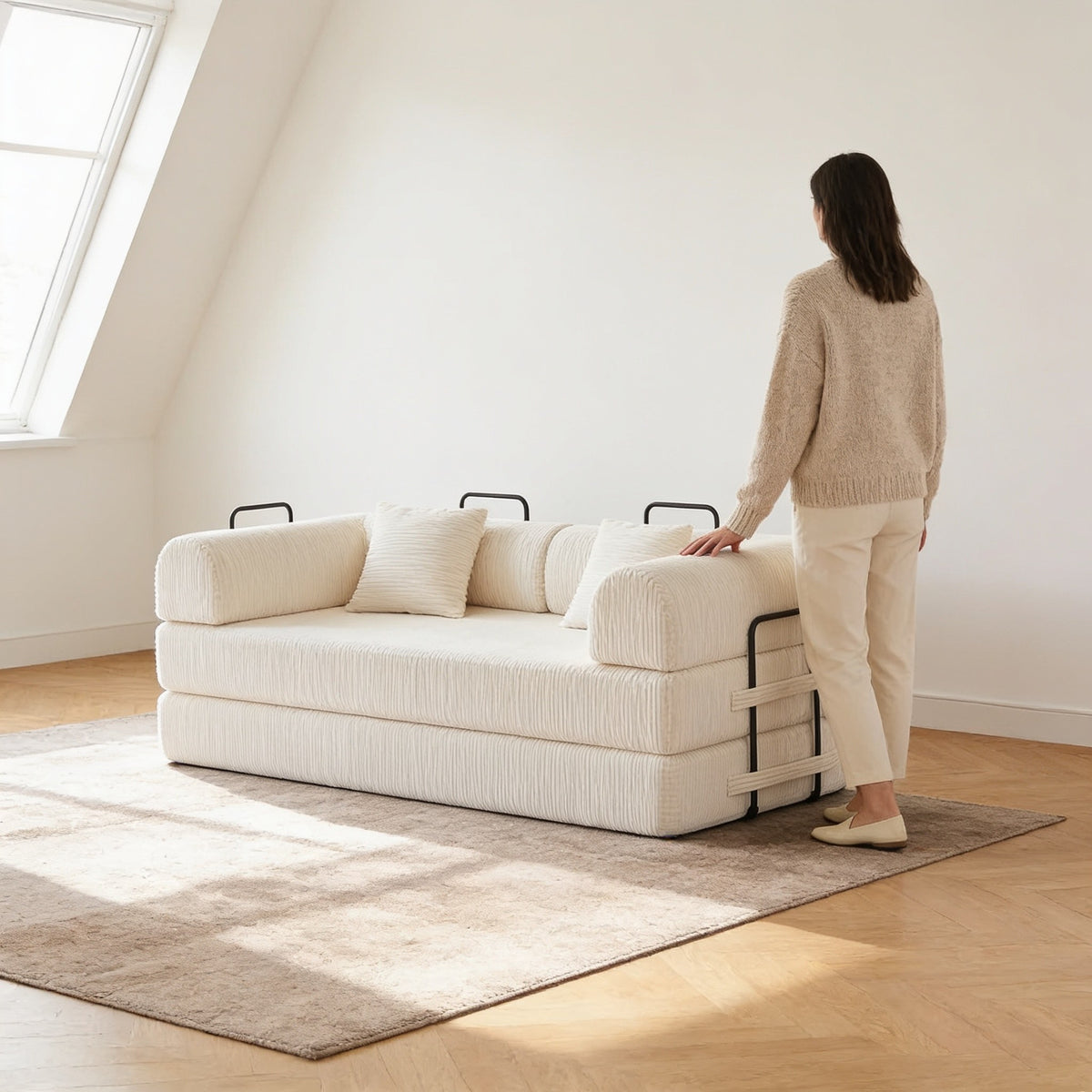Adult standing beside the two hundred centimetre wide corduroy sofa bed, the armrest reaching only to mid-thigh.
