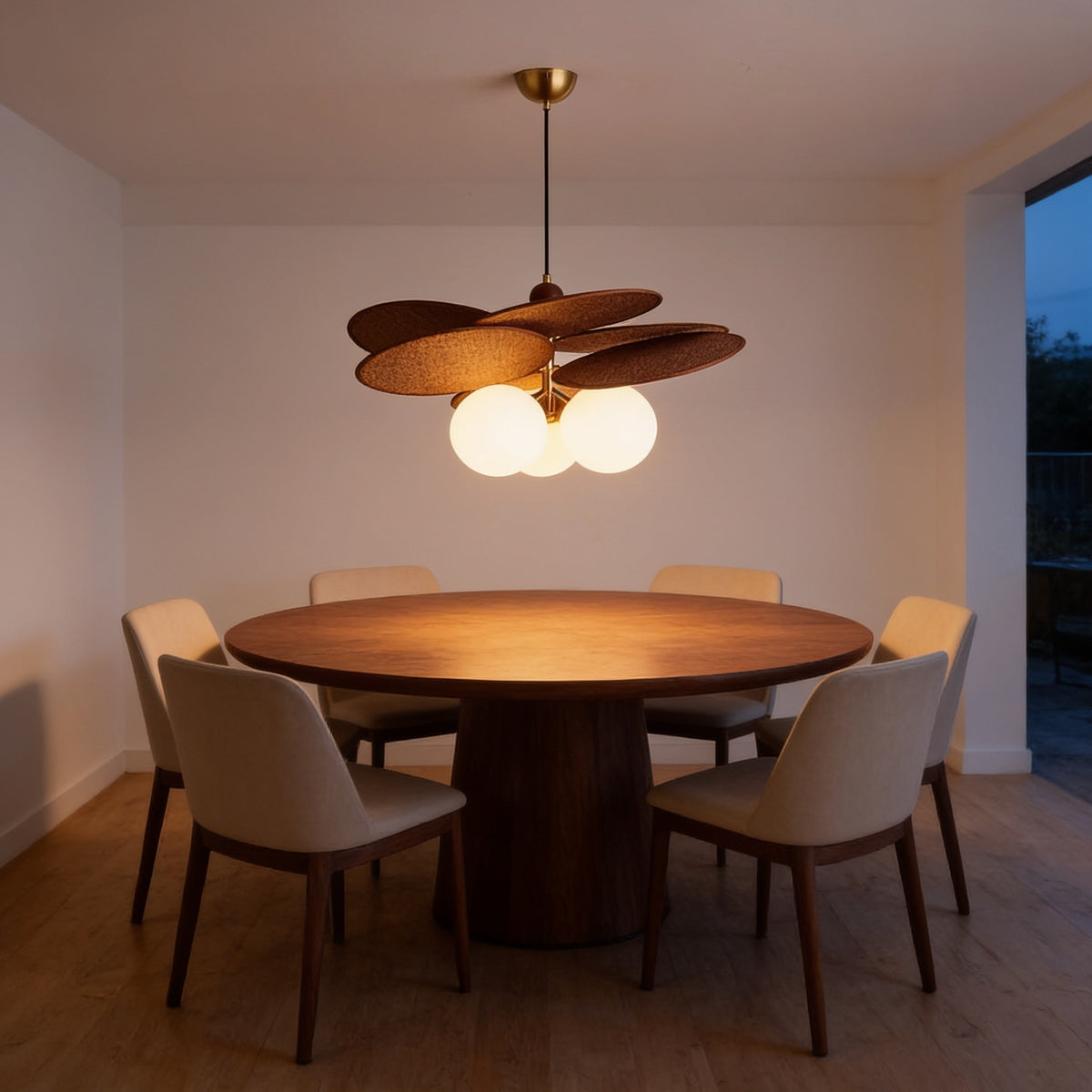 Three-globe woven leaf pendant light glowing over a round walnut dining table.