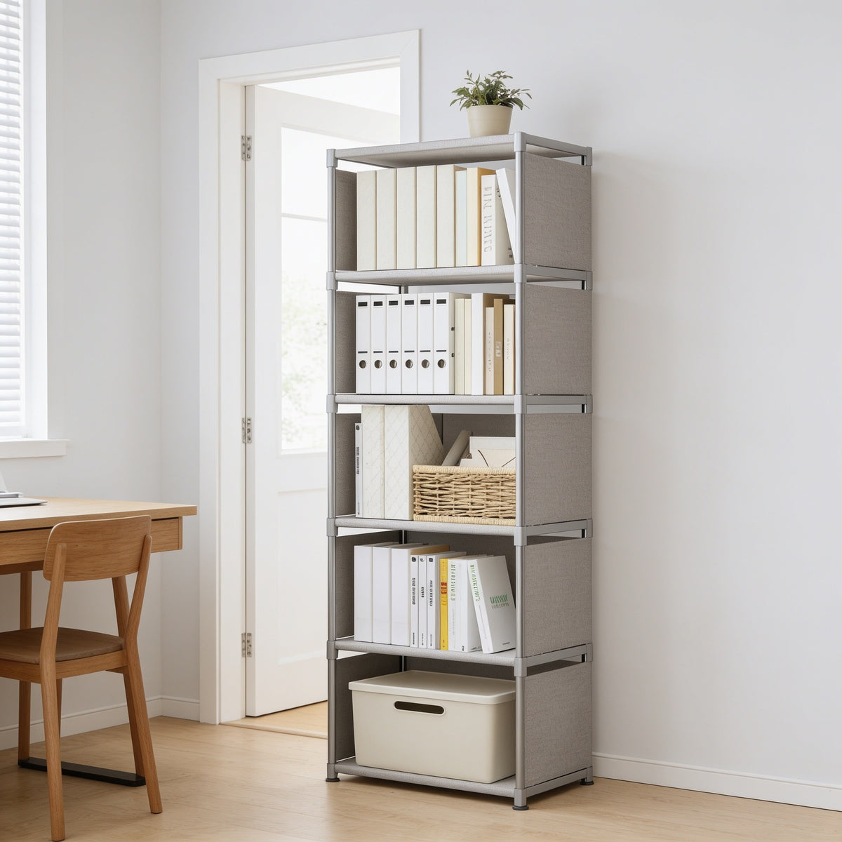 Six-tier gray cube bookshelf.