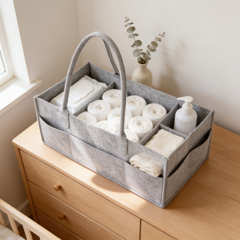 Gray felt diaper caddy on a light oak nursery dresser, filled with rolled nappies, wipes and a pump bottle in its divided compartments.