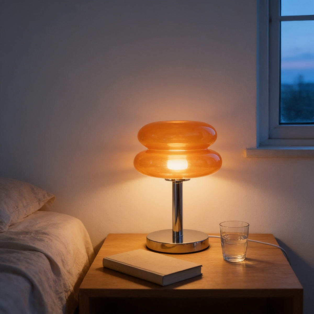 Orange mushroom lamp switched on, glowing warm amber on a bedside table at dusk.
