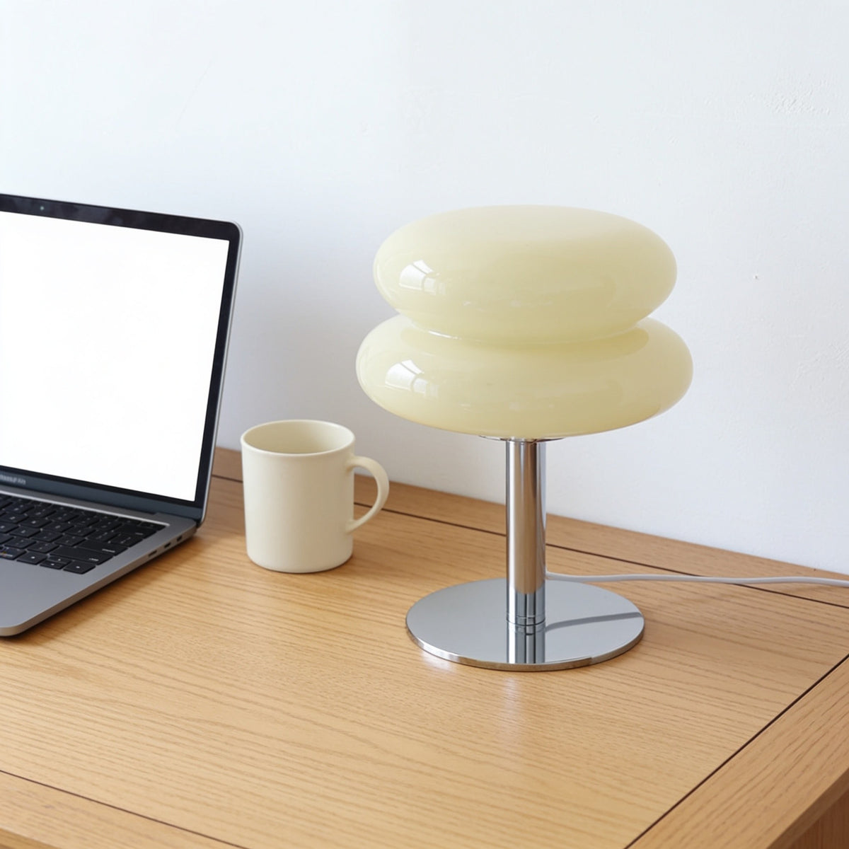 Cream two-tier glass mushroom lamp.