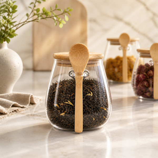 Maison Round Glass Canister with bamboo lid and hooked wooden spoon holding loose-leaf tea on a marble counter