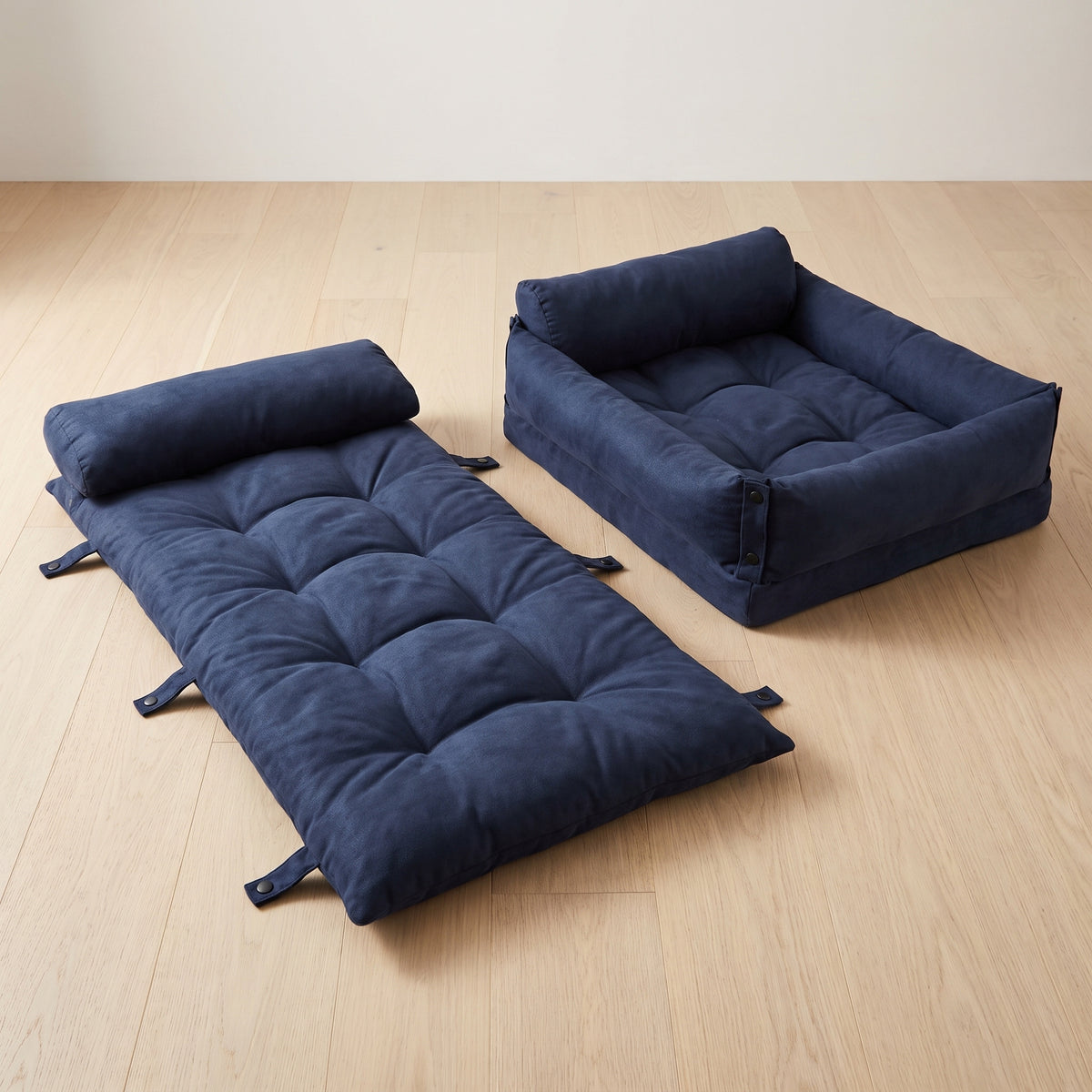 The pet bed shown flat as a mat beside the same bed snapped up into a walled bed