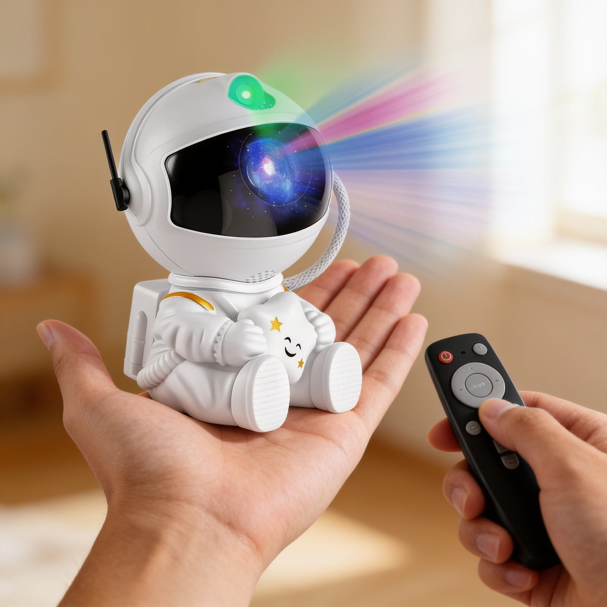 Hand holding the astronaut projector beside its small remote control.