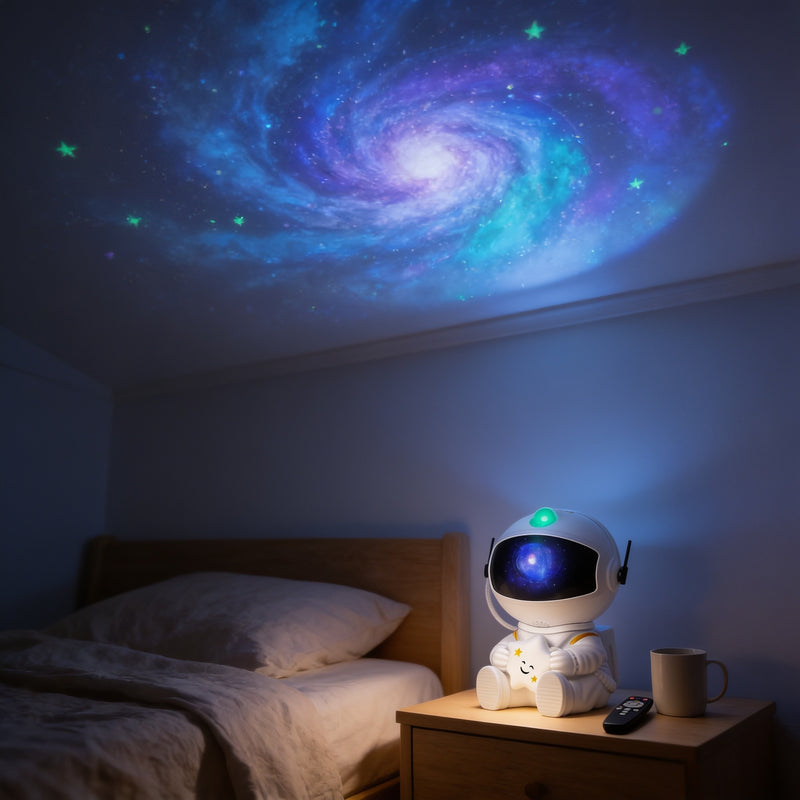 White astronaut galaxy projector on a nightstand casting a blue and violet nebula across a dark bedroom ceiling.