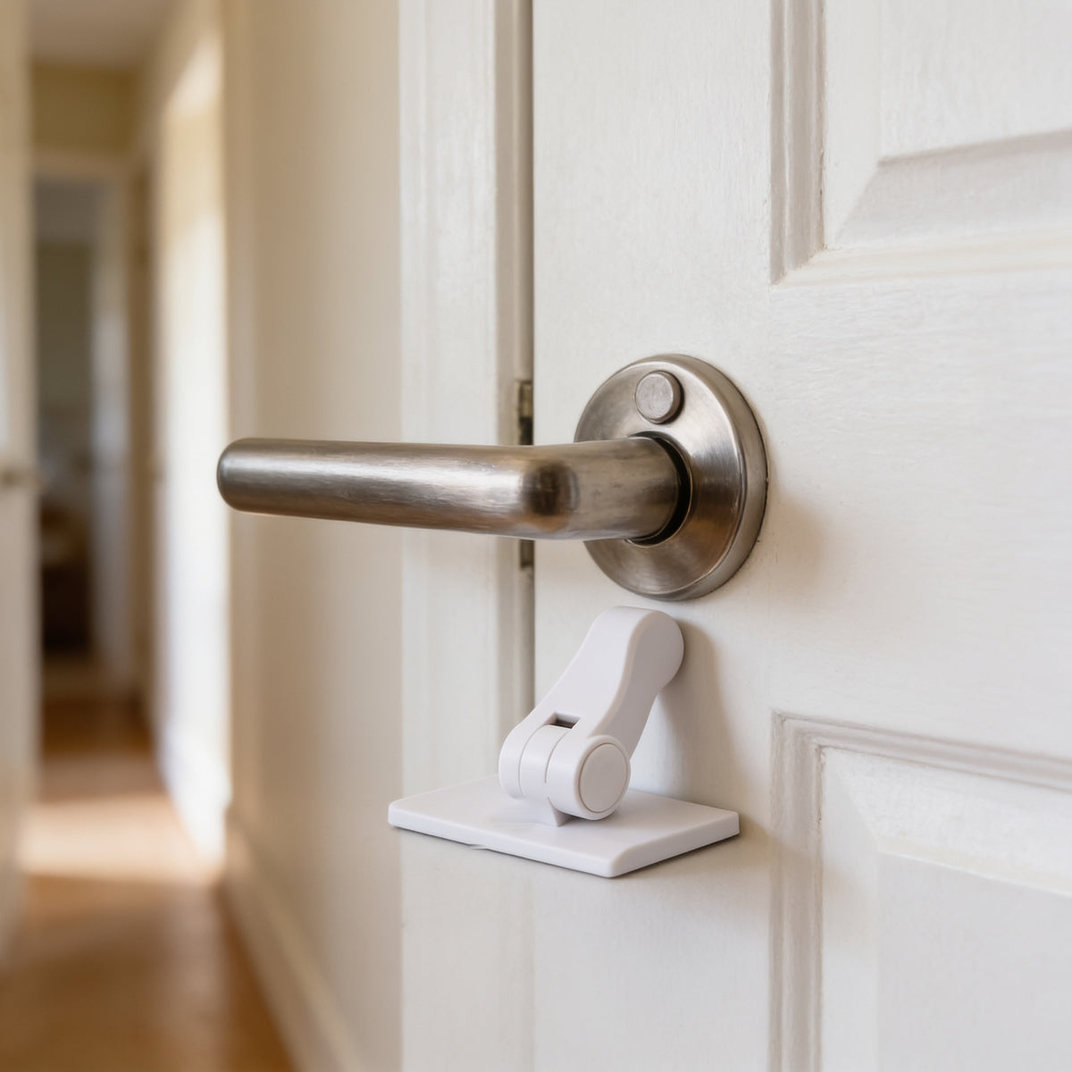 Adhesive child-proof lever lock stuck to a white interior door directly under a brushed-nickel lever handle