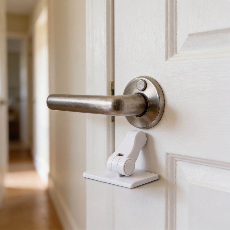 Adhesive child-proof lever lock stuck to a white interior door directly under a brushed-nickel lever handle