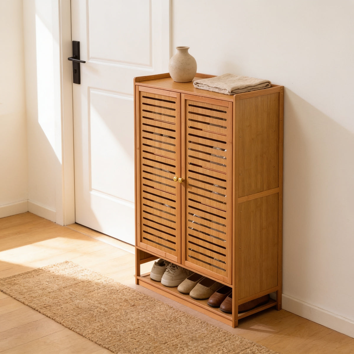 Two-door bamboo-frame shoe cabinet with slotted doors, 93 cm tall, beside a white door in a bright entryway