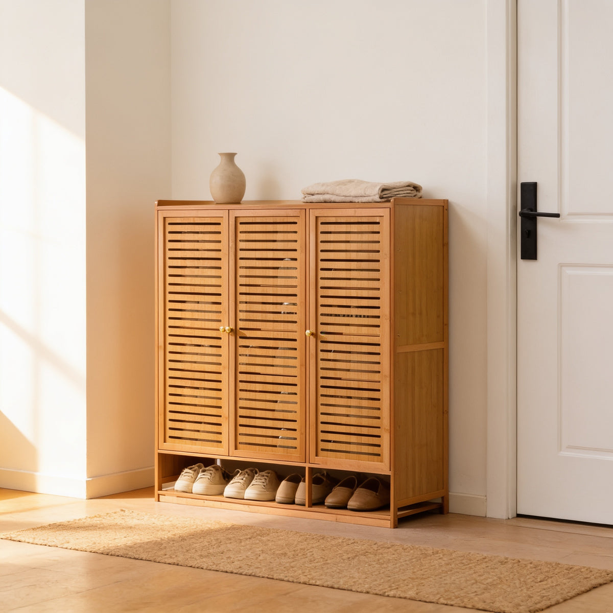 Three-door bamboo-frame shoe cabinet with slotted doors, 107 cm tall, beside a white door in a bright entryway