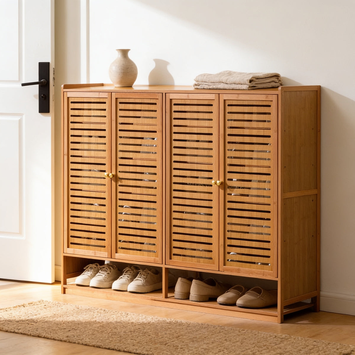 Four-door bamboo-frame shoe cabinet with slotted doors, 93 cm tall, beside a white door in a bright entryway