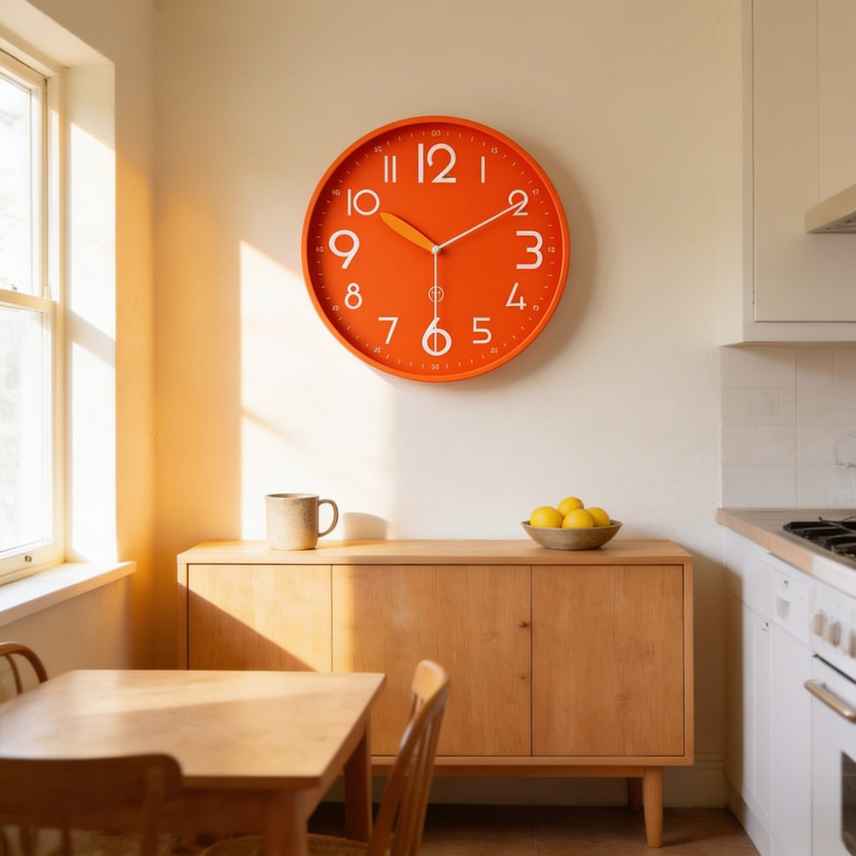 Orange bold numeral wall clock above an oak sideboard in a sunlit kitchen
