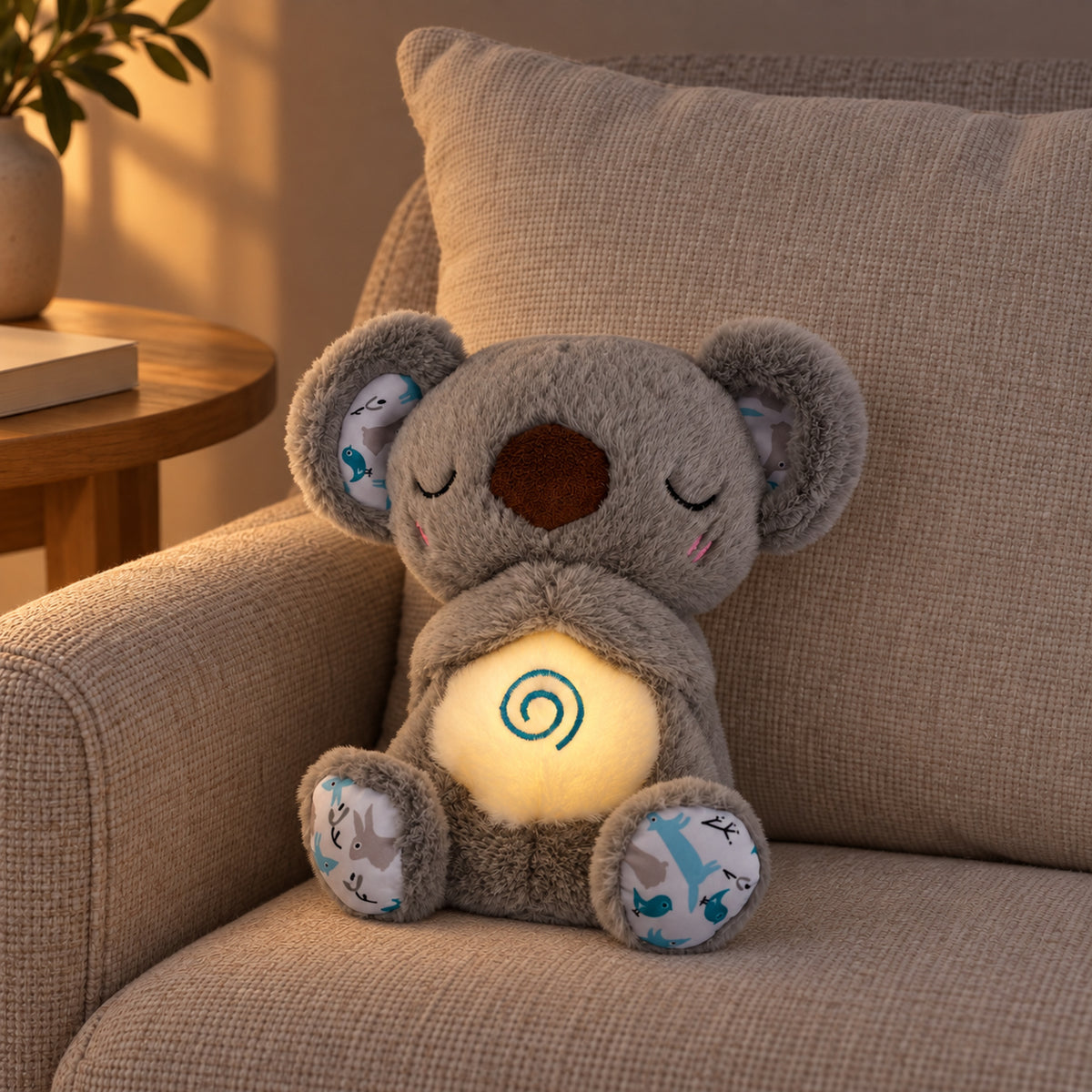 Gray koala plush with a warm glowing belly in a softly lit reading corner