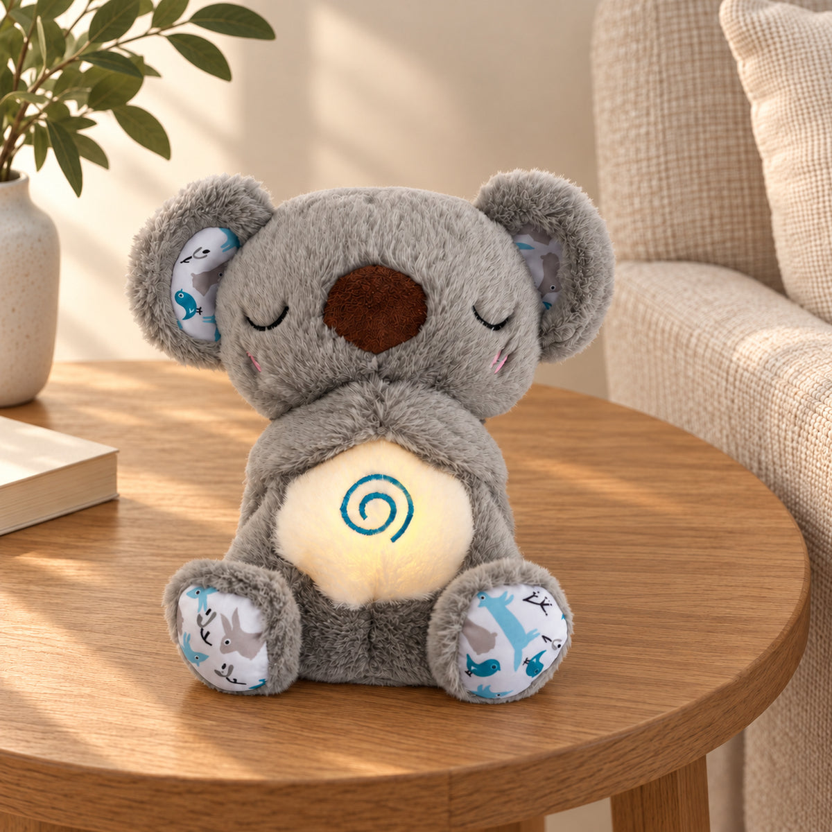 Gray koala plush on an oak side table beside a plain book in a cream reading room