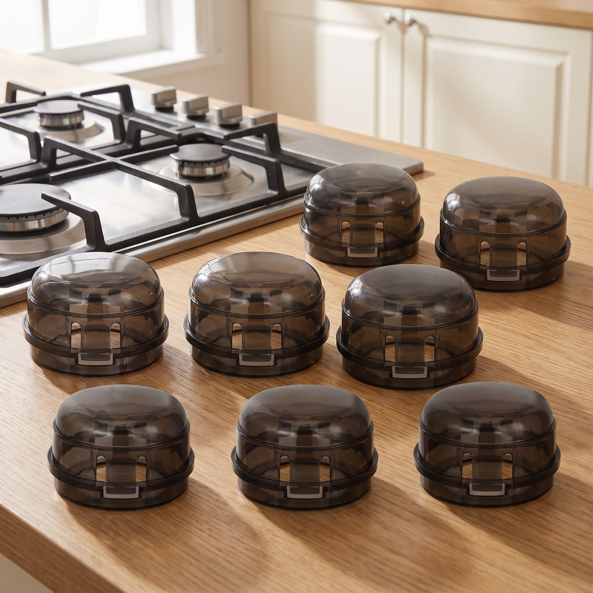 Eight smoke-black stove knob covers on a light oak kitchen countertop
