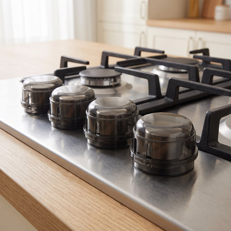 Smoke-black stove knob covers closed over four knobs on a stainless gas cooktop