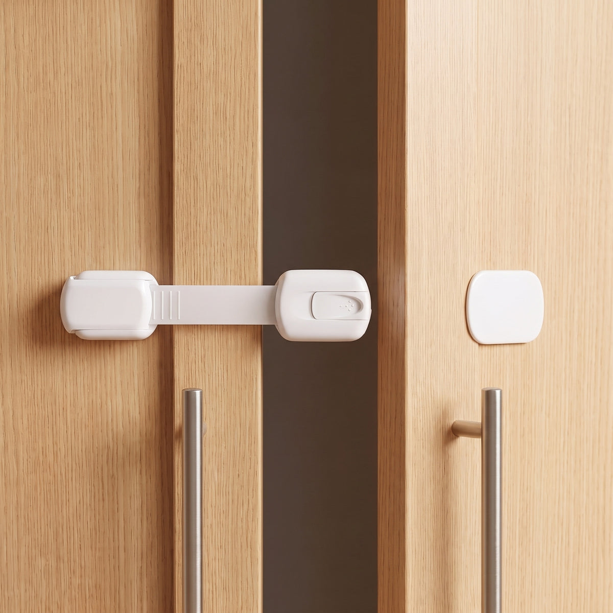 Released strap lock on one door with its small base plate left on the other door
