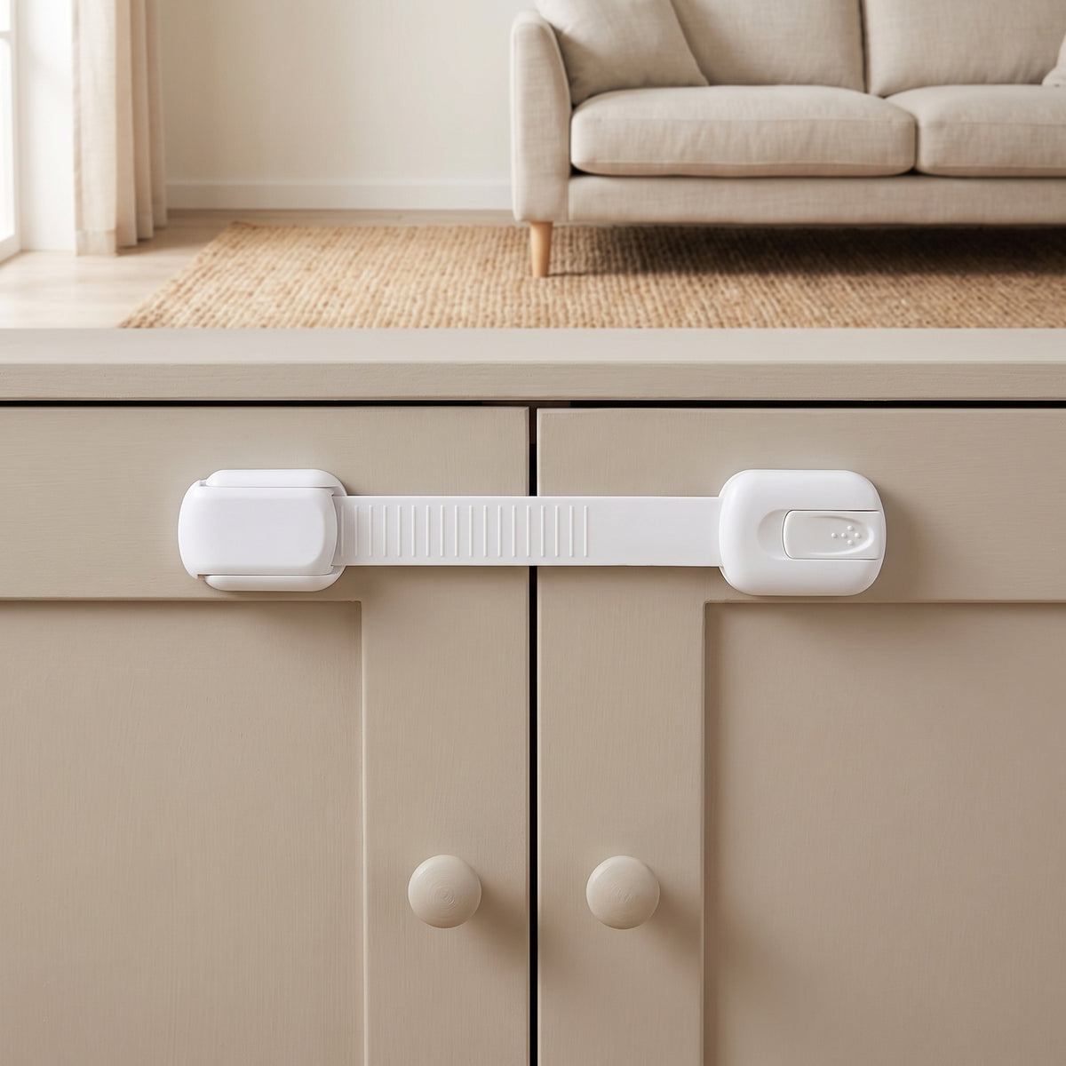 Strap cabinet lock bridging the two doors of a beige living-room sideboard
