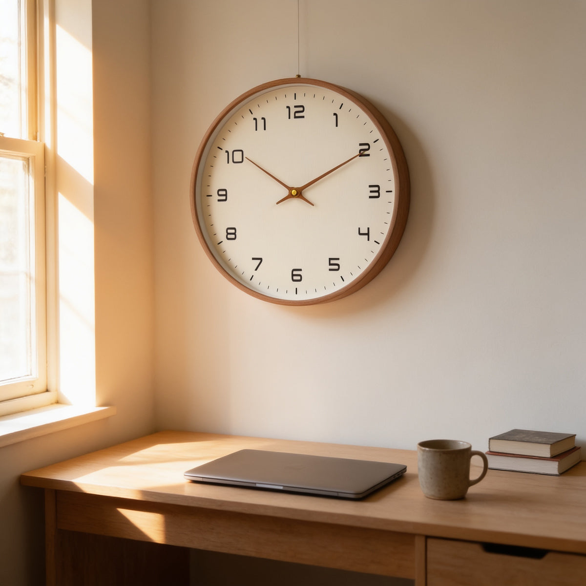Cream dial wooden wall clock above a desk in a sunlit home office