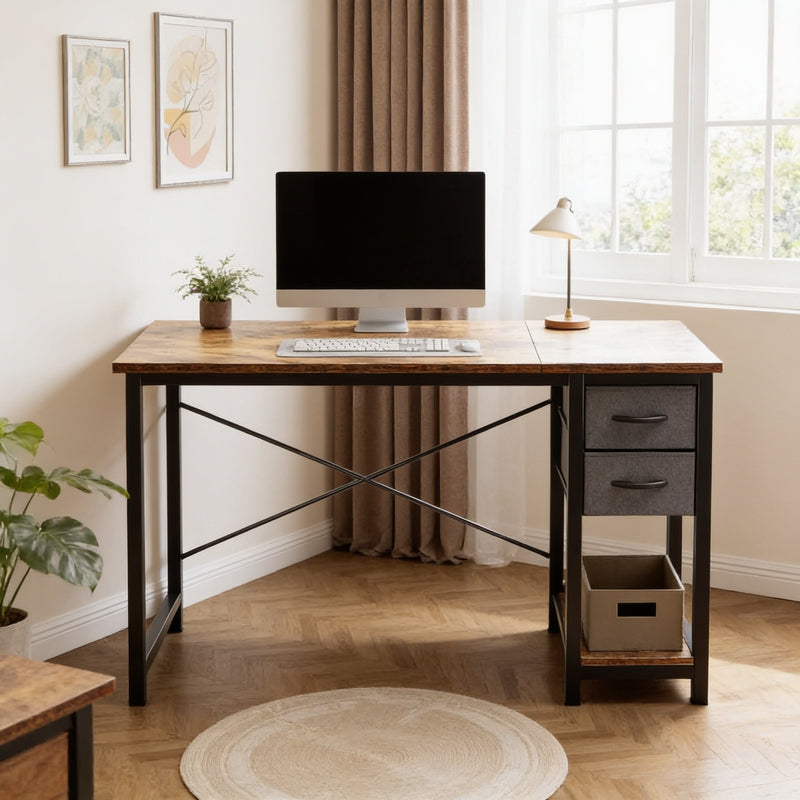 Rustic brown computer desk with black metal frame, X brace and a two-drawer fabric tower, 120 cm wide, set up with a monitor in a bright home office.