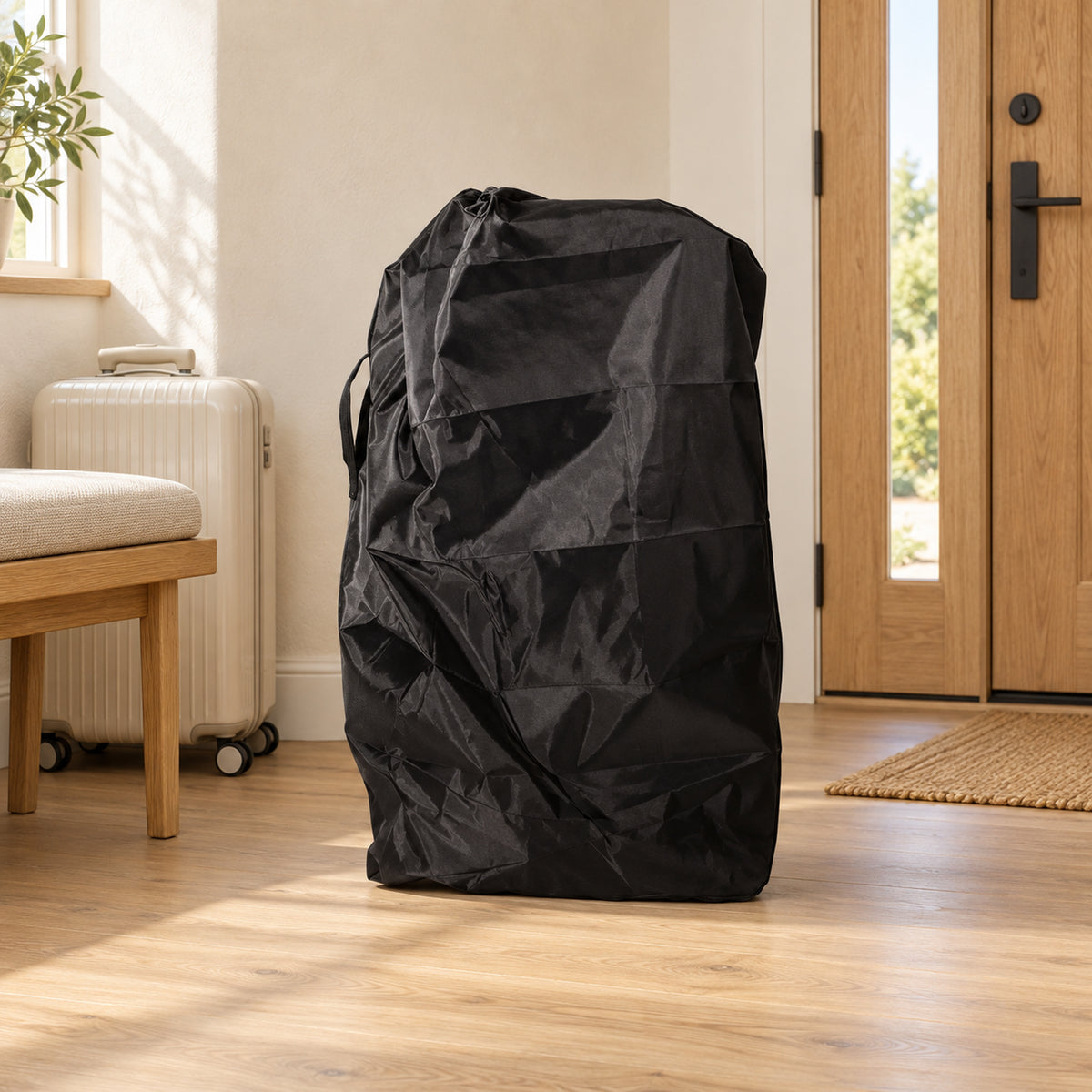 Black stroller travel cover standing beside cream luggage and an oak bench in a warm entryway