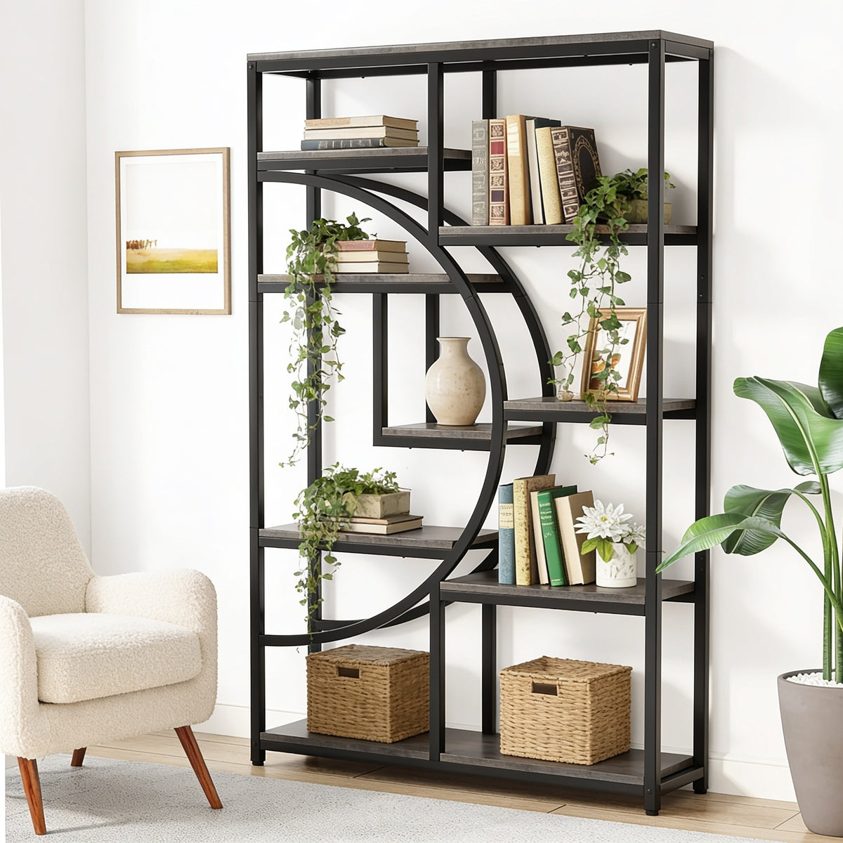 Half-Moon style geometric etagere bookcase, black iron frame with dark gray shelves, in a living room.