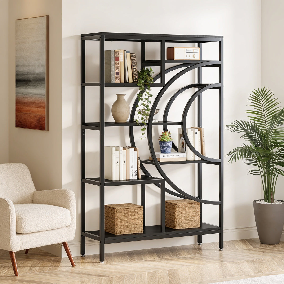 Concentric Arc style geometric etagere bookcase, black iron frame with black shelves, in a living room.