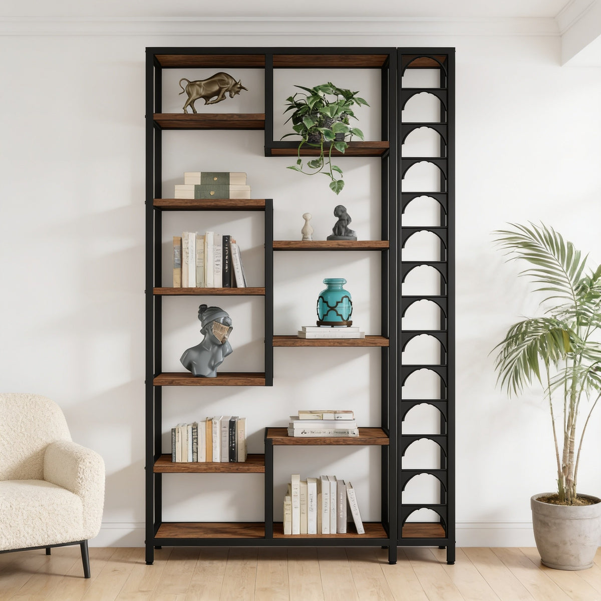 Scalloped Arc style geometric etagere bookcase, black iron frame with rustic brown shelves, in a living room.
