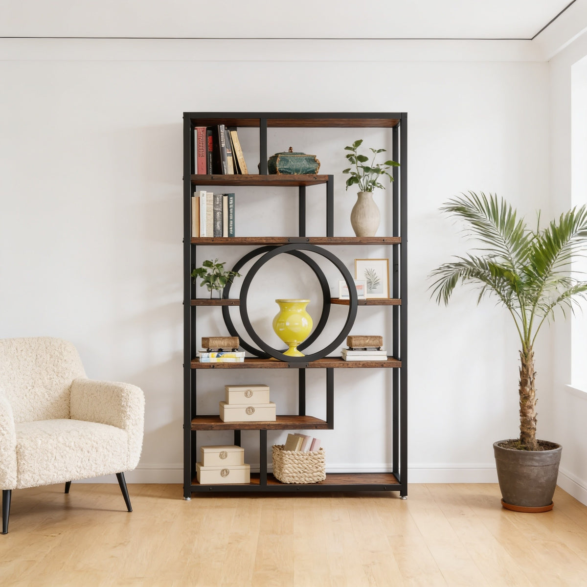 Double Ring style geometric etagere bookcase, black iron frame with rustic brown shelves, in a living room.